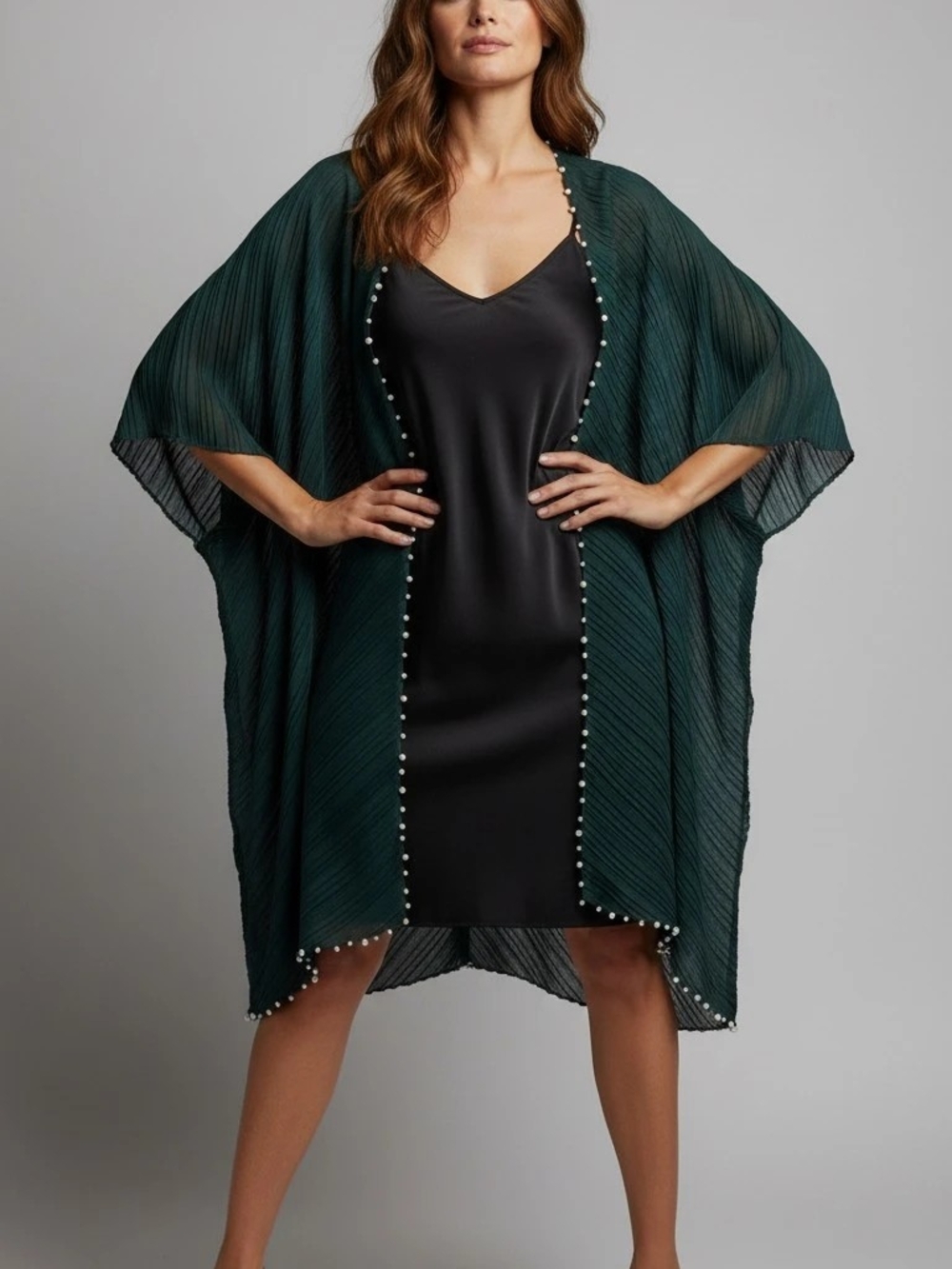 Pearl-Trim Forest Green Kimono